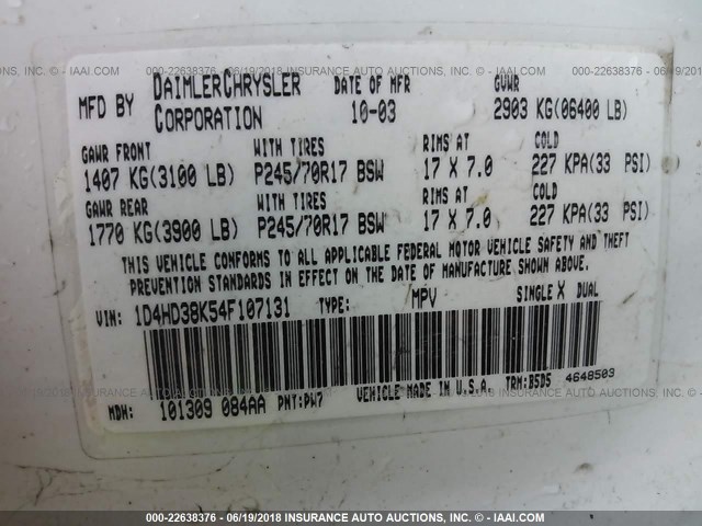 1D4HD38K54F107131 - 2004 DODGE DURANGO ST WHITE photo 9