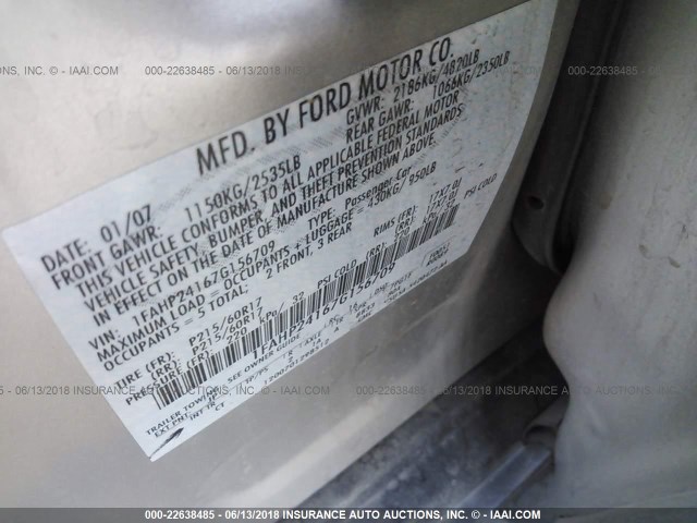 1FAHP24167G156709 - 2007 FORD FIVE HUNDRED SEL SILVER photo 9