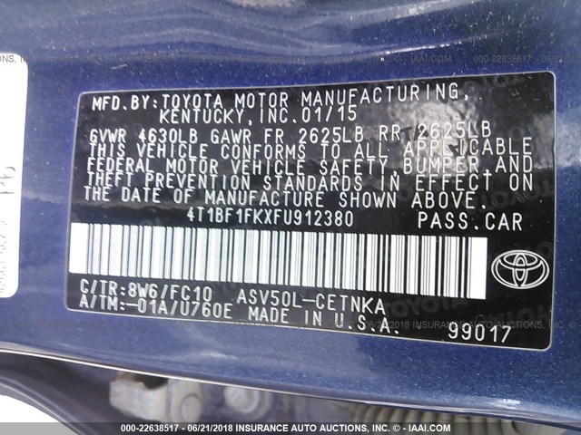4T1BF1FKXFU912380 - 2015 TOYOTA CAMRY LE/XLE/SE/XSE BLUE photo 9