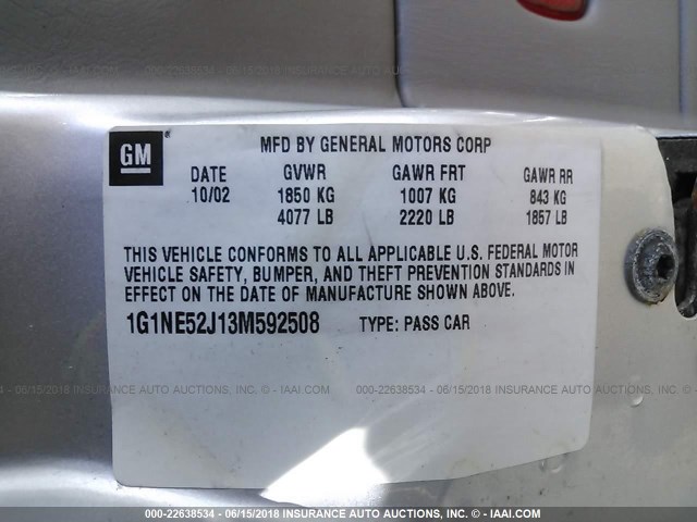 1G1NE52J13M592508 - 2003 CHEVROLET MALIBU LS SILVER photo 9