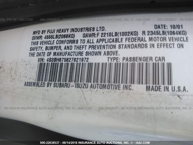 4S3BH675827621972 - 2002 SUBARU LEGACY OUTBACK AWP 白色 照片 9