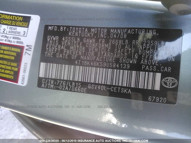 4T1BK46K59U584139 - 2009 TOYOTA CAMRY SE/LE/XLE 绿色 照片 9