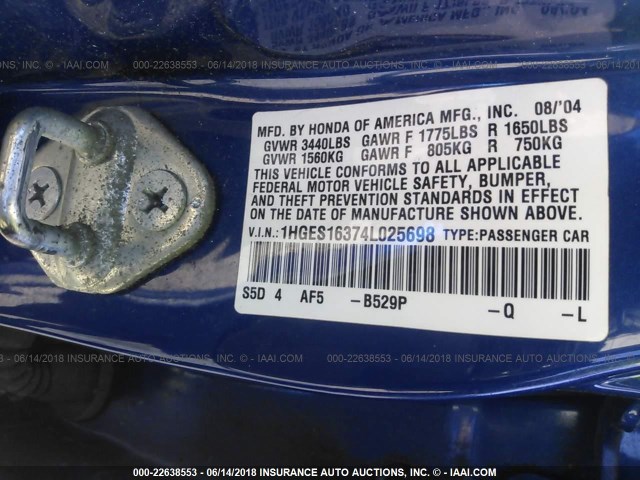 1HGES16374L025698 - 2004 HONDA CIVIC DX VP 蓝色 照片 9