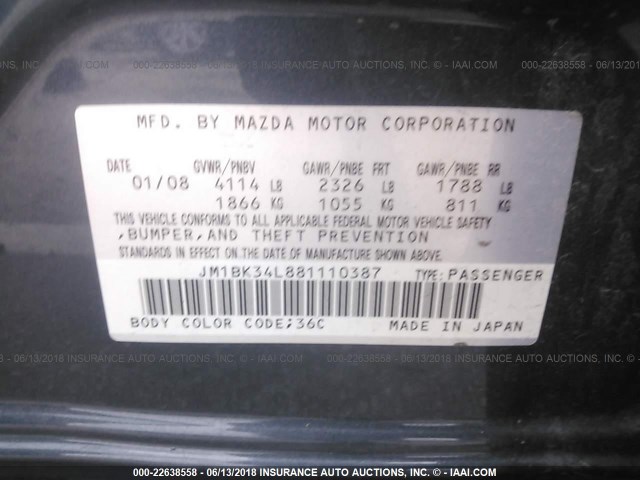 JM1BK34L881110387 - 2008 MAZDA SPEED 3 GRAY photo 9