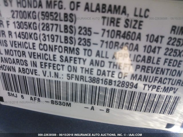 5FNRL38816B128994 - 2006 HONDA ODYSSEY TOURING BLUE photo 9