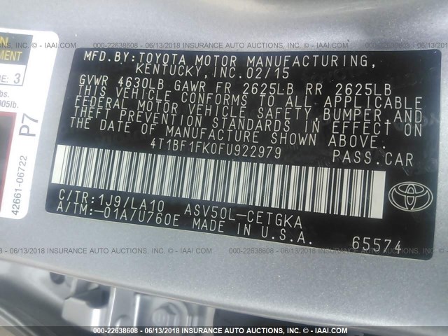 4T1BF1FK0FU922979 - 2015 TOYOTA CAMRY LE/XLE/SE/XSE 银色 照片 9