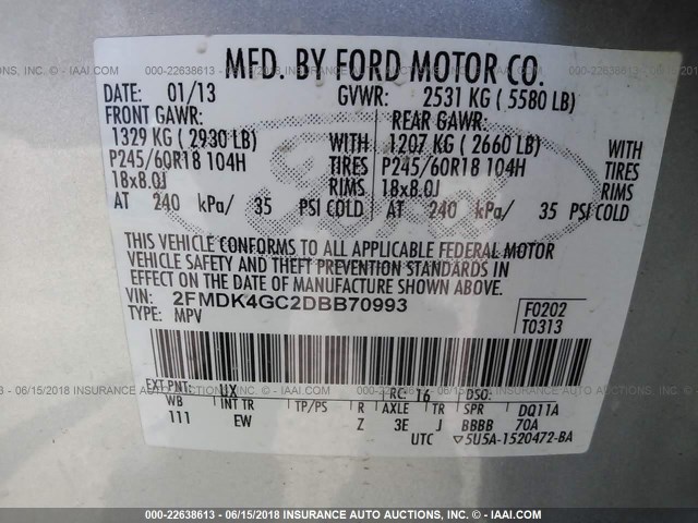 2FMDK4GC2DBB70993 - 2013 FORD EDGE SE SILVER photo 9