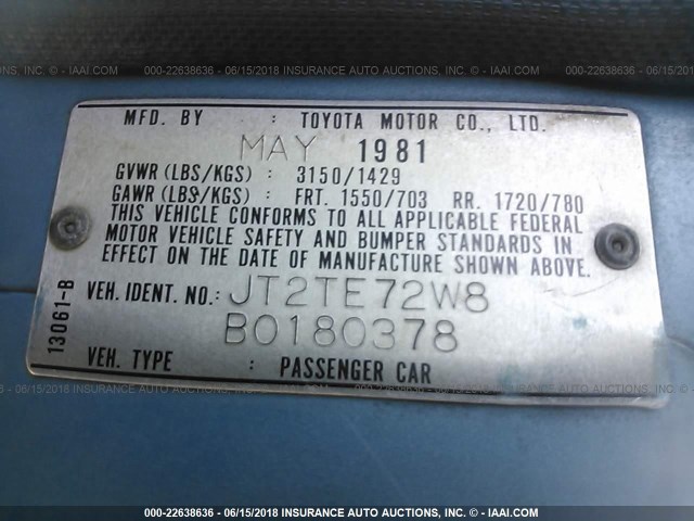 JT2TE72W8B0180378 - 1981 TOYOTA COROLLA DELUXE BLUE photo 9