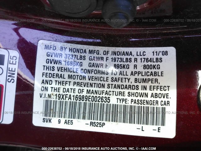 19XFA16989E002635 - 2009 HONDA CIVIC EXL წითელი ფოტო 9