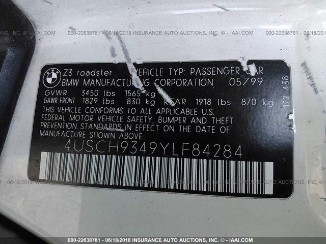 4USCH9349YLF84284 - 2000 BMW Z3 2.3 WHITE photo 9