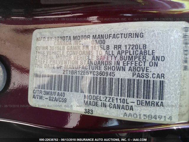 2T1BR12E5YC360945 - 2000 TOYOTA COROLLA VE/CE/LE 红色 照片 9