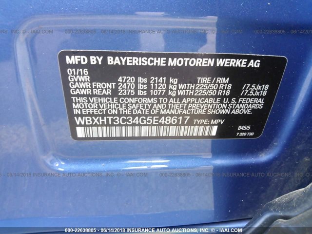 WBXHT3C34G5E48617 - 2016 BMW X1 XDRIVE28I BLUE photo 9
