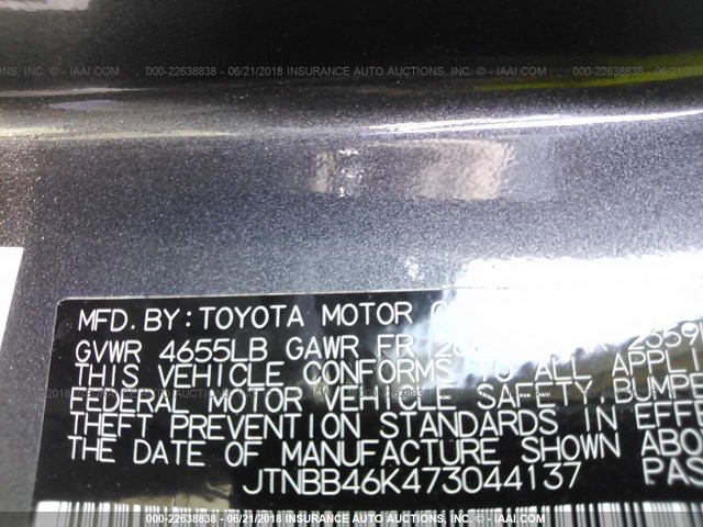 JTNBB46K473044137 - 2007 TOYOTA CAMRY NEW GENERAT HYBRID GRAY photo 9