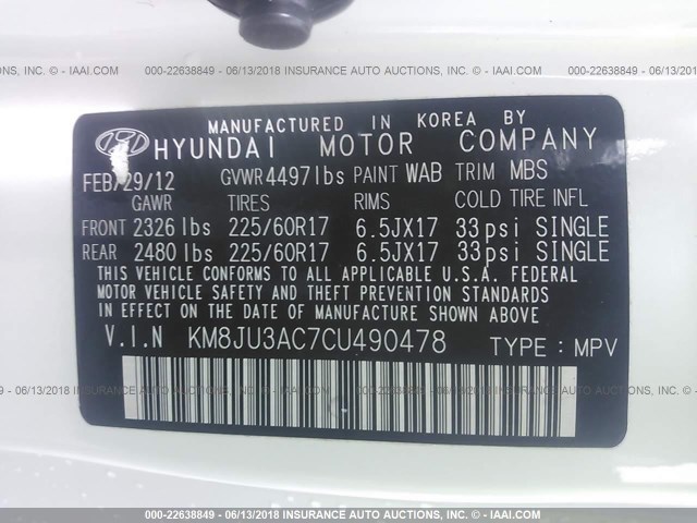 KM8JU3AC7CU490478 - 2012 HYUNDAI TUCSON GLS/LIMITED თეთრი ფოტო 9