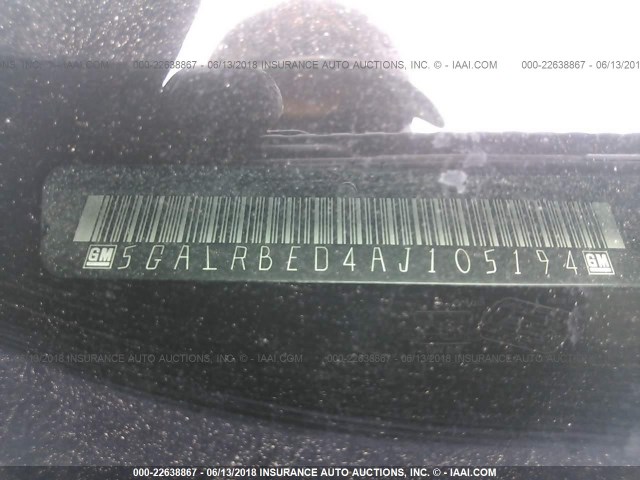 5GALRBED4AJ105194 - 2010 BUICK ENCLAVE CXL 白色 照片 9