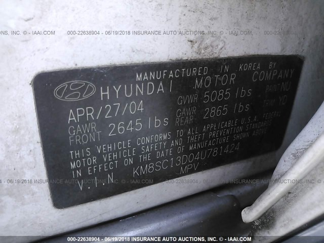 KM8SC13D04U781424 - 2004 HYUNDAI SANTA FE GLS/LX WHITE photo 9