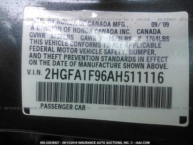 2HGFA1F96AH511116 - 2010 HONDA CIVIC EXL GRAY photo 9