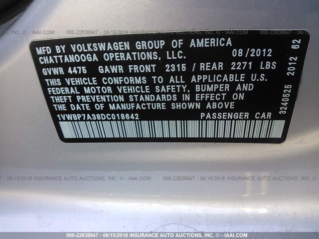 1VWBP7A38DC018642 - 2013 VOLKSWAGEN PASSAT SE SILVER photo 9