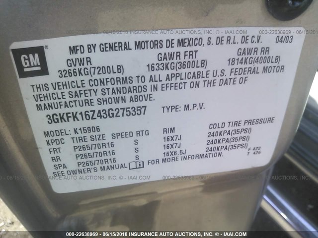 3GKFK16Z43G275357 - 2003 GMC YUKON XL K1500 TAN photo 9