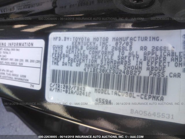 4T1BE30KX3U248827 - 2003 TOYOTA CAMRY LE/XLE/SE 黑色 照片 9