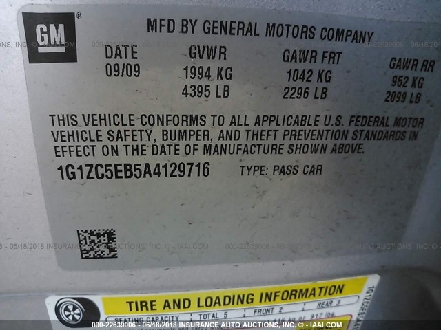 1G1ZC5EB5A4129716 - 2010 CHEVROLET MALIBU 1LT 银色 照片 9