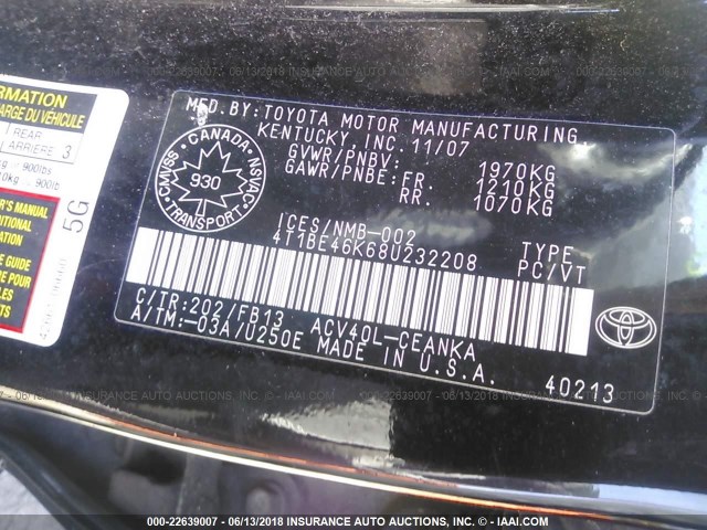 4T1BE46K68U232208 - 2008 TOYOTA CAMRY CE/LE/XLE/SE BLACK photo 9