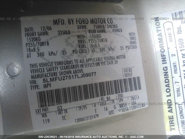 5LMFU27517LJ09077 - 2007 LINCOLN NAVIGATOR BEIGE photo 9