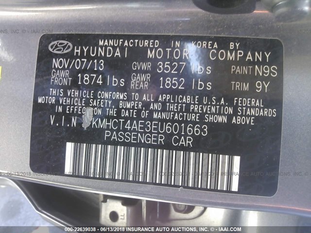 KMHCT4AE3EU601663 - 2014 HYUNDAI ACCENT GLS/GS GRAY photo 9