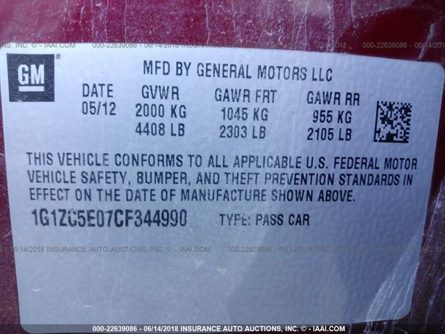 1G1ZC5E07CF344990 - 2012 CHEVROLET MALIBU 1LT 红色 照片 9