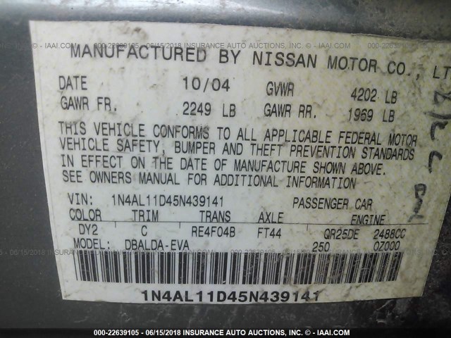 1N4AL11D45N439141 - 2005 NISSAN ALTIMA S/SL GREEN photo 9