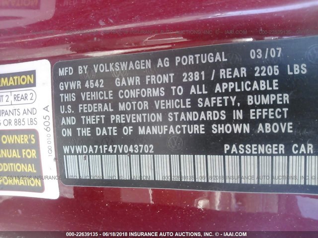 WVWDA71F47V043702 - 2007 VOLKSWAGEN EOS 2.0T SPORT RED photo 9