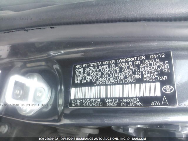 JTDKDTB35C1510090 - 2012 TOYOTA PRIUS C GRAY photo 9