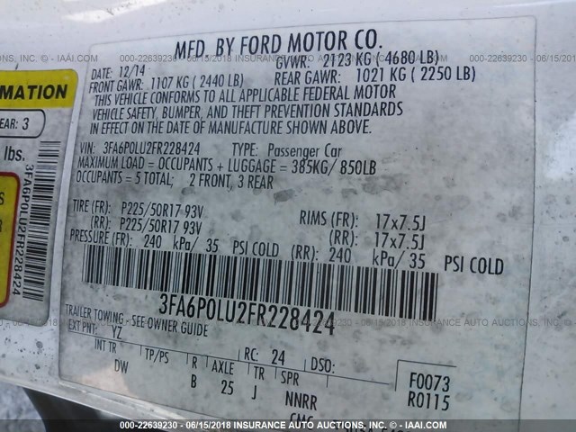 3FA6P0LU2FR228424 - 2015 FORD FUSION SE HYBRID WHITE photo 9