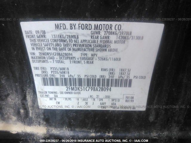 2FMDK51C79BA28094 - 2009 FORD FLEX SE BLACK photo 9