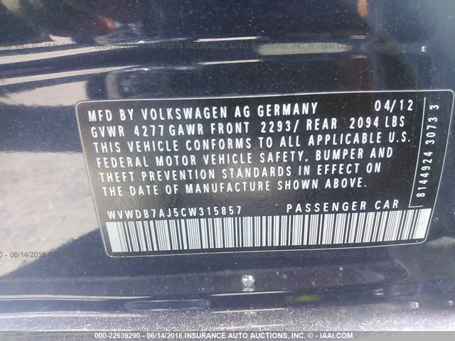 WVWDB7AJ5CW315857 - 2012 VOLKSWAGEN GOLF Dark Blue photo 9