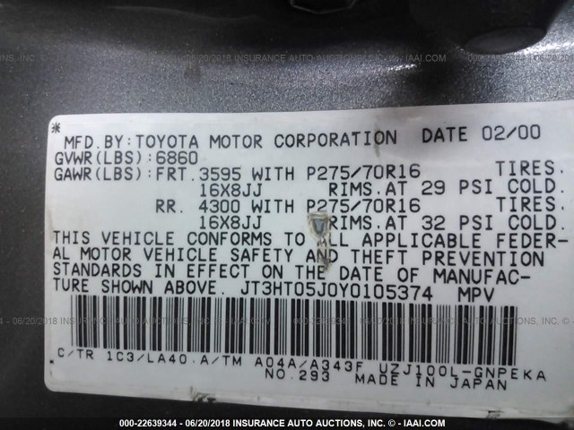 JT3HT05J0Y0105374 - 2000 TOYOTA LAND CRUISER  GRAY photo 9