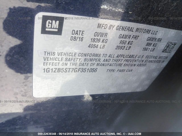 1G1ZB5ST7GF351056 - 2016 CHEVROLET MALIBU LS BLUE photo 9