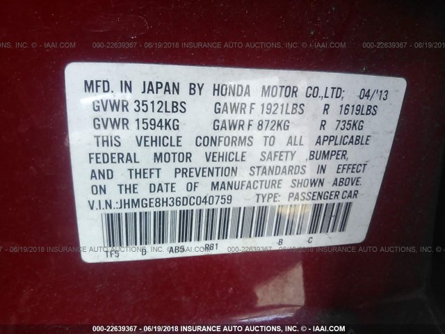 JHMGE8H36DC040759 - 2013 HONDA FIT RED photo 9