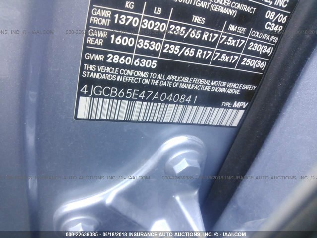 4JGCB65E47A040841 - 2007 MERCEDES-BENZ R 350 BLUE photo 9