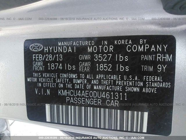 KMHCU4AE0DU461311 - 2013 HYUNDAI ACCENT GLS/SE GRAY photo 9