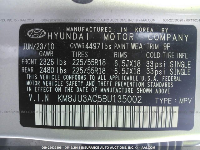 KM8JU3AC5BU135002 - 2011 HYUNDAI TUCSON GLS/LIMITED SILVER photo 9