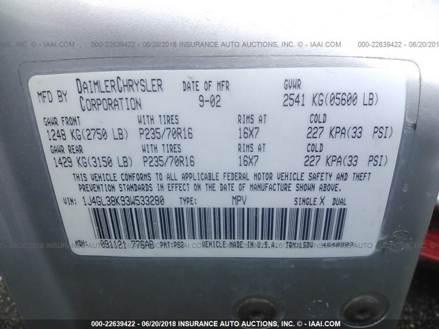 1J4GL38K93W533280 - 2003 JEEP LIBERTY RENEGADE SILVER photo 9