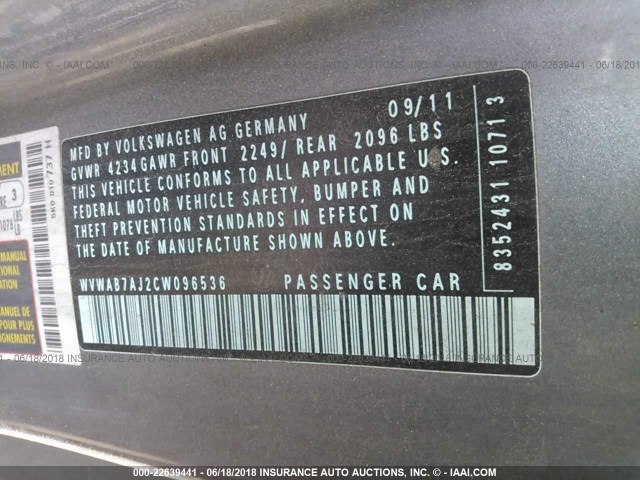 WVWAB7AJ2CW096536 - 2012 VOLKSWAGEN GOLF GRAY photo 9
