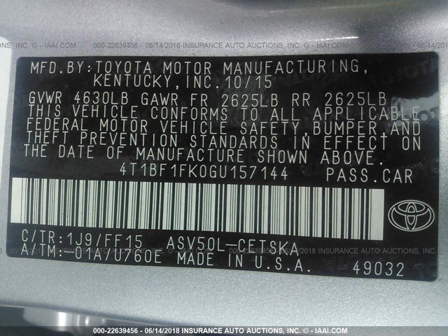 4T1BF1FK0GU157144 - 2016 TOYOTA CAMRY LE/XLE/SE/XSE 银色 照片 9