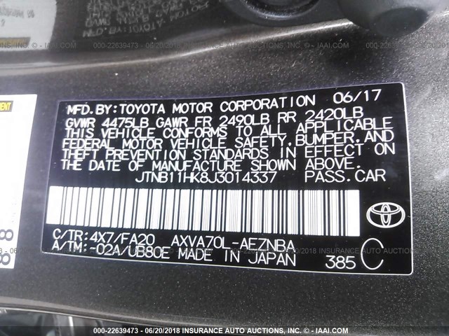 JTNB11HK8J3014337 - 2018 TOYOTA CAMRY L/LE/XLE/SE/XSE BROWN photo 9