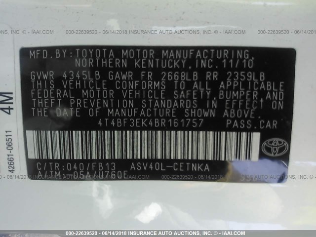 4T4BF3EK4BR161757 - 2011 TOYOTA CAMRY SE/LE/XLE WHITE photo 9