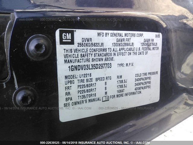 1GNDV03L35D297703 - 2005 CHEVROLET UPLANDER BLUE photo 9