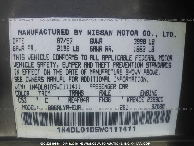 1N4DL01D5WC111411 - 1998 NISSAN ALTIMA XE/GXE/SE/GLE BROWN photo 9