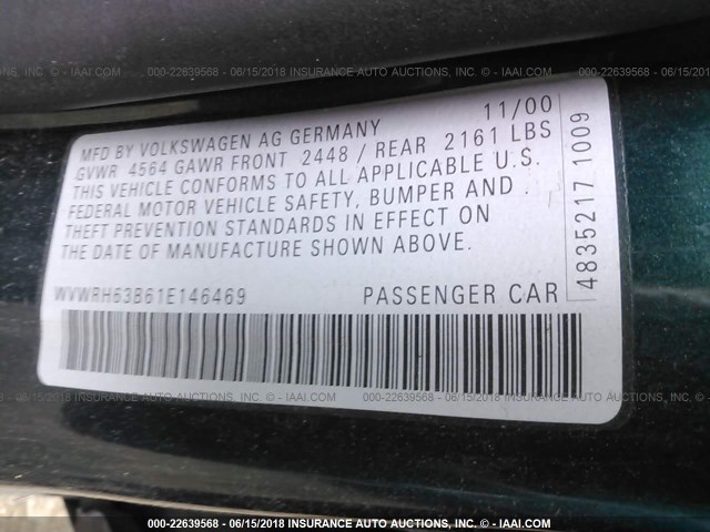 WVWRH63B61E146469 - 2001 VOLKSWAGEN PASSAT GLX 绿色 照片 9
