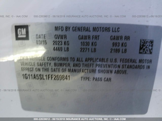 1G11A5SL1FF269841 - 2015 CHEVROLET MALIBU LS WHITE photo 9